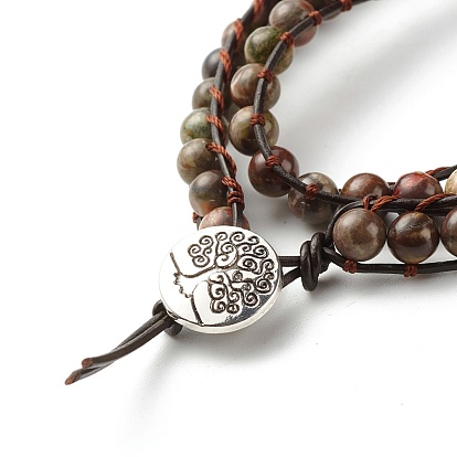 Natural Mixed Stone Round Beads 2 Raw Wrap Bracelet, Tree of Life Charm Leather Wrap Bracelet for Girl Women