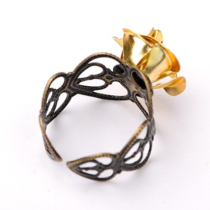 Adjustable Aluminum Rose Flower Ring, with Brass Finding, Antique Bronze, 20mm