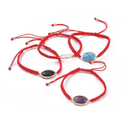 Adjustable Gemstone Link Braided Bead Bracelets, Nylon Cord Square Knot Bracelet, with Brass Findings, Oval