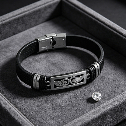 304 Stainless Steel & Black Imitation Leather Cord Bracelets for Men, Stainless Steel Color