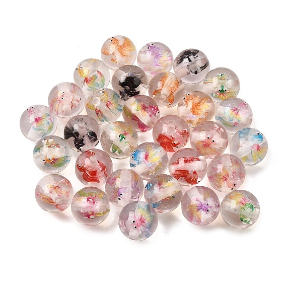 Perlas de resina transparentes, redondo con peces dorados, con polvo del brillo