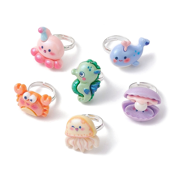 6Pcs 6 Style Sea Animal Theme Resin Adjustable Rings Set, Brass Stackable Rings, Sea Horse & Shell Shape & Crab & Dolphin