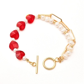 Shell Pearl Beaded Bracelets for Girl Women, Heart Glass Bracelets with Paperclip Chain