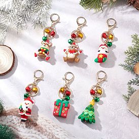 6 шт. 6 стили рождественские тематические ПВХ пластиковые брелоки, с алюминиевыми колокольчиками, кольца для ключей из сплава, золотые