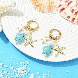 Серьги-кольца в виде черепаховой морской звезды, украшенные синтетической бирюзой и жемчугом., висячие серьги с 202 кольцом из нержавеющей стали и 316 булавкой из хирургической нержавеющей стали