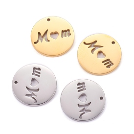 Mother's Day Ion Plating(IP) 304 Stainless Steel Pendants, Flat Round with Hollow Word Mom