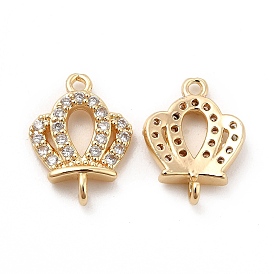 Rack Plating Brass Micro Pave Clear Cubic Zirconia Connector Charms, Long-Lasting Plated, Cadmium Free & Lead Free, Crown Links