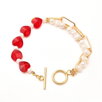 Shell Pearl Beaded Bracelets for Girl Women, Heart Glass Bracelets with Paperclip Chain