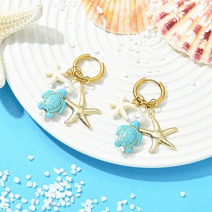 Серьги-кольца в виде черепаховой морской звезды, украшенные синтетической бирюзой и жемчугом., висячие серьги с 202 кольцом из нержавеющей стали и 316 булавкой из хирургической нержавеющей стали
