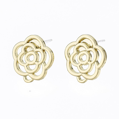 Alloy Stud Earring Findings, with Loop and Steel Pin, Flower with Plastic Protective Cover
