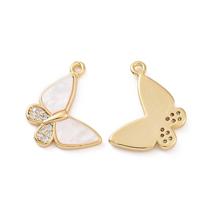 Brass Micro Pave Clear Cubic Zirconia Pendants, with White Shell, Butterfly Charms