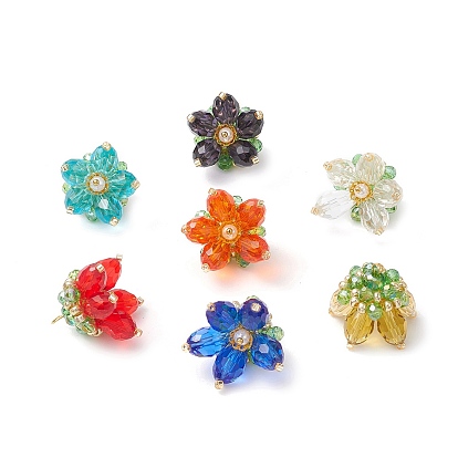 7 шт 7 цвета прозрачные стеклянные подвески, цветочный шарм, со стеклянными жемчужными бусинами и латунными петлями, граненые
