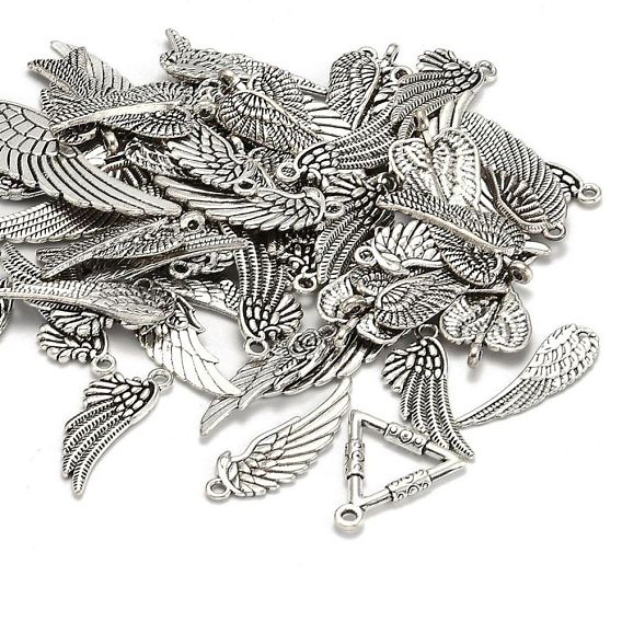 Tibetan Style Alloy Pendants, Wing, 24~56x9~21x1~2mm, Hole: 1.5~5x2~3mm, about 30~35pcs/100g