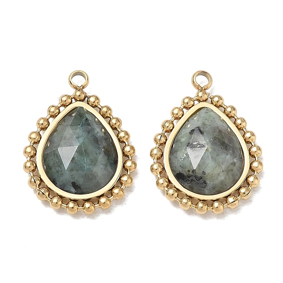 Natural African Turquoise(Jasper) Faceted Pendants, 304 Stainless Steel Teardrop Bezeled Charms, Ion Plating(IP), Real 14K Gold Plated
