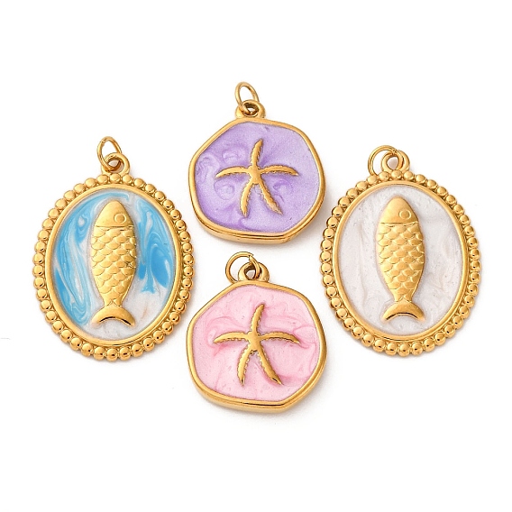 304 нержавеющей стальной эмали подвески, овальная с рыбой/плоская круглая с подвеской в виде морской звезды, с целью перехода в кольце, ионное покрытие (ip), реальный 18 k позолоченный