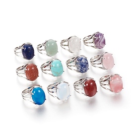 Adjustable Natural & Synthetic Gemstone Finger Rings, with Platinum Brass Findings, Oval