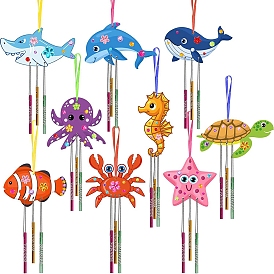 DIY Ocean Animal Unfinished Wood Wind Chime Making Kits, including Sticker, Silver Color Thread, Pencil Brushes, Color Rope and Iron Tubes