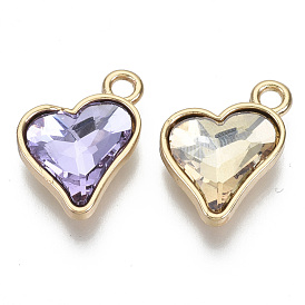 Glass Rhinestone Pendants, with Light Gold Plated Brass Plain Edge Bezel Cups, Heart, Faceted