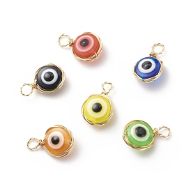 Evil Eye Resin Pendants, with Real 18K Gold Plated Friendly Copper Wire Wrapped, Flat Round Charm