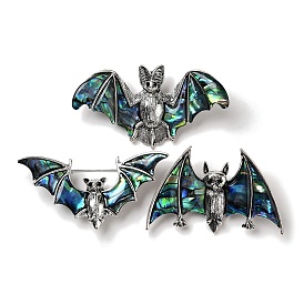 Tibetan Style Alloy Bat Brooches, with Natural Paua Shell and Rhinestone