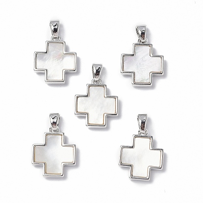 Brass Charms, with Freshwater Shell, Nickel Free, Cross Charm