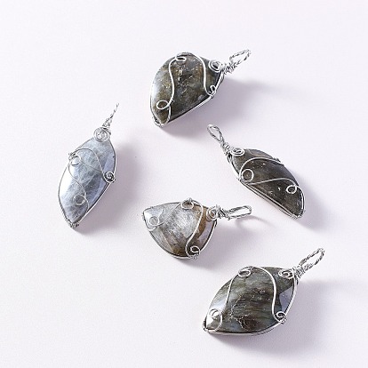 Natural Labradorite Pendants, Stainless Steel Wire Wrapped Nuggets Charms, Stainless Steel Color