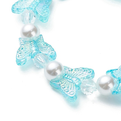 4Pcs 4 Color Acrylic Butterfly & Plastic Pearl Beaded Stretch Bracelets, Stackable Bracelets for Girls