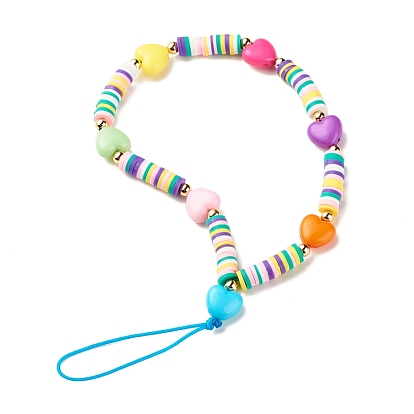 Acrylic Mobile Phone Straps, with Polymer Clay Beads and Nylon Thread, Heart