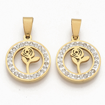 201 Stainless Steel Pendants, with Random Size Snap On Bails and Polymer Clay Crystal Rhinestones, Flat Round with Rose