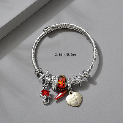 Регулируемые европейские браслеты из нержавеющей стали, браслеты с подвесками для женщин, со сплавом, стразами и смолой