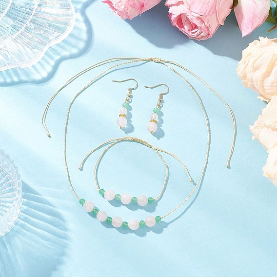 Комплект из круглого натурального малайзийского нефрита и розового кварца с бусинами, браслетом и серьгами, с нейлоновой нитью и 304 крючками для сережек из нержавеющей стали