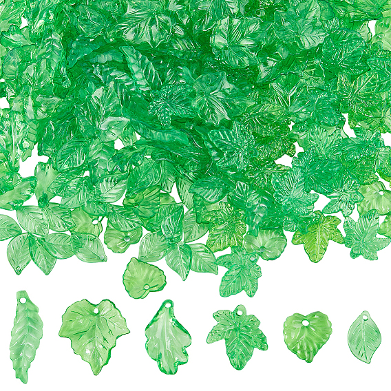300Pcs 6 Styles Transparent Acrylic Pendants, Leaf