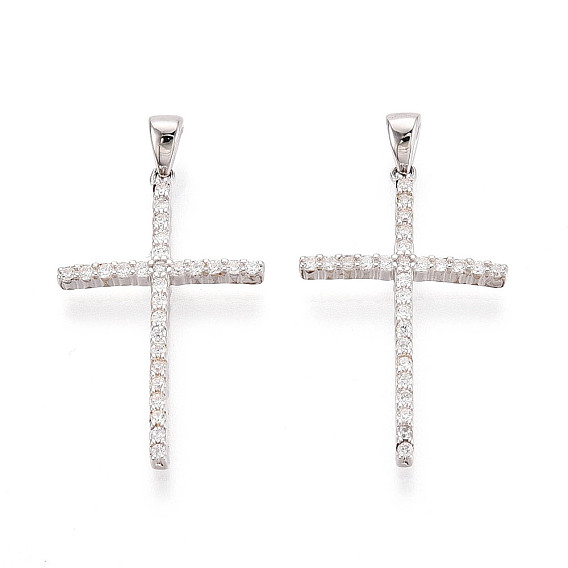 925 подвески-кресты из стерлингового серебра с микропаве из прозрачных кубических цирконий, с защелкивающимися скобами и 925 штампом, родий