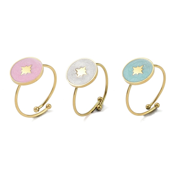 Плоский круглый со звездой 304 эмалированное кольцо из нержавеющей стали, без никеля , 316 открытая манжета из хирургической нержавеющей стали для женщин, реальный 18 k позолоченный