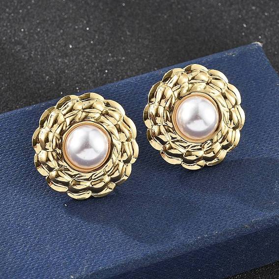 201 плоские круглые серьги-гвоздики из нержавеющей стали, с 304 штифтами из нержавеющей стали и пластиковой имитацией жемчуга, ионное покрытие (ip)