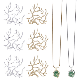 2Pcs 2 Colors 1.2MM 304 Stainless Steel Round Snake Chain Necklaces, with 12Pcs 2 Colors Brass Branch Charms