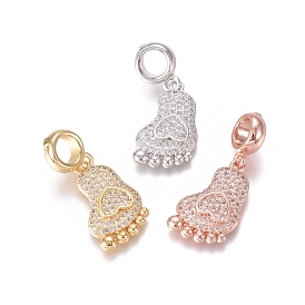 Brass Micro Pave Clear Cubic Zirconia European Dangle Charms, Large Hole Pendants, Baby Foot with Heart