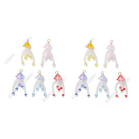 10pcs 5 pendentifs méduses en perles de verre de couleurs, avec 304 boucle d'anneaux de jonction en acier inoxydable