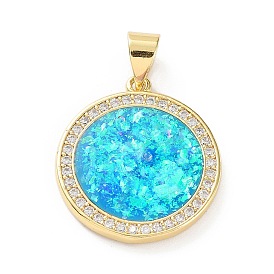 Rack Plating Brass Micro Pave Cubic Zirconia Pendants, Synthetic Opal Flat Round Charms with Snap on Bail, Cadmium Free & Lead Free, Long-Lasting Plated, Real 18K Gold Plated