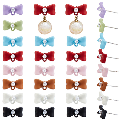 32Pcs 8 Styles Spray Paint Alloy Stud Earring Findings, with Imitation Pearl Beads and 925 Sterling Silver Pins, Bowknot, with Loop