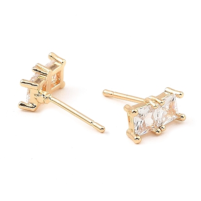 Brass Pave Clear Cubic Zirconia Rectangle Stud Earrings, for Women