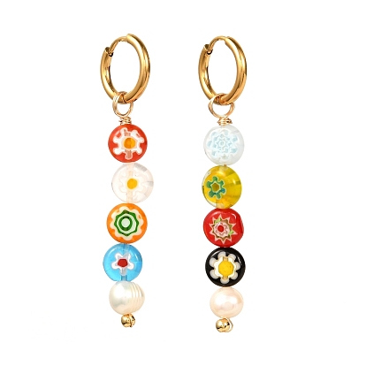 Flat Round Millefiori Glass Beads Dangle Hoop Earrings for Girl Women, Natural Pearl Earrings, Golden