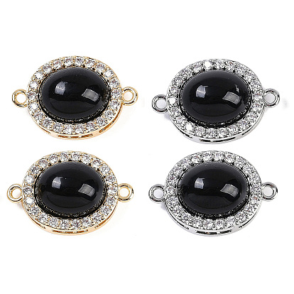 Шармы-соединители из латуни с микропаве из прозрачного кубического циркония, без кадмия, без никеля и без свинца, овальные звенья из черного стекла