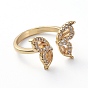 Adjustable Brass Cuff Finger Rings, with Micro Pave Cubic Zirconia, Butterfly