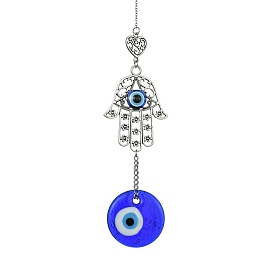 Blue Flat Round with Evil Eye Lampwork Pendant Decorations, Alloy Hamsa Hand/Heart Link Hanging Ornaments