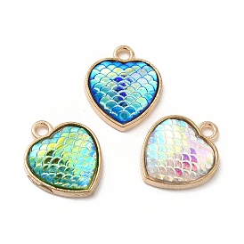 Alloy Resin Pendants, AB Color, Heart Charms with Scales Pattern, Golden