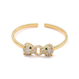 Green Cubic Zirconia Doube Leopard Doorknocker Shape Cuff Bangle, Brass Open Bangle for Women, Lead Free & Cadmium Free