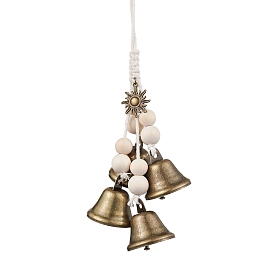 Iron Bell Pendant Decoration, Alloy Sun & Wood Beads and Jute Cord for Home Door Hanging Ornaments