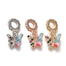 Rack Plating Alloy Rhinestone European Dangle Charms, Butterfly Large Hole Charms with Colorful Enamel