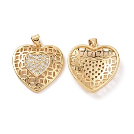 Brass Cubic Zirconia Pendants, Cadmium Free & Lead Free, Hollow Heart Charm